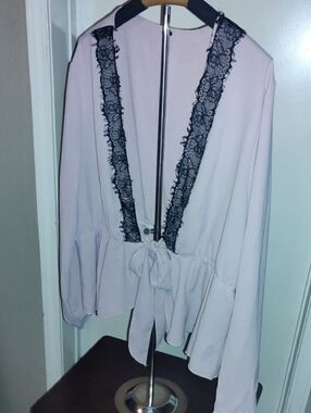 Light Pink Lace-Trim Tie-Front Blouse